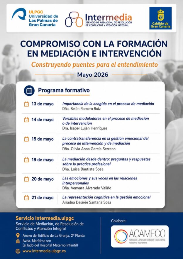 Cartel del programa “Compromiso con la formación en mediación e intervención”, organizado por Intermedia ULPGC en mayo de 2026, con sesiones formativas sobre mediación, gestión emocional e intervención.